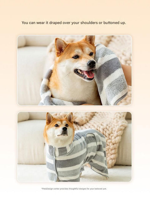 Grey and White S Size Super Absorbent Dog Bathrobe – Quick-Dry Coral Fleece Pet Towel with Snaps & Adjustable Belly Strap | Wearable Drying Coat for Small Medium Large Dogs & Cats After Bath, Swim, Rain