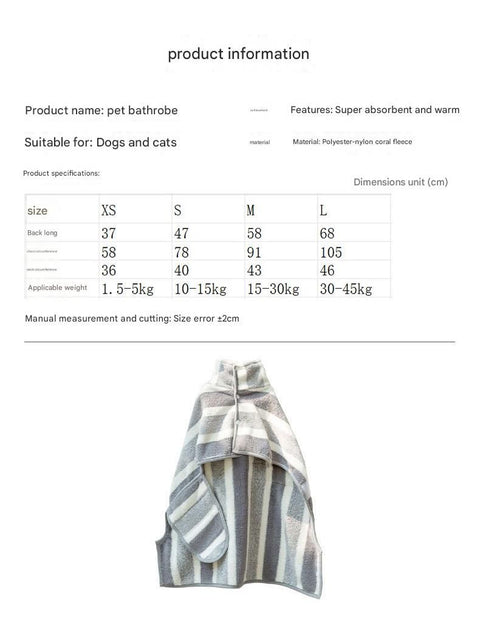 Grey and White M Size Super Absorbent Dog Bathrobe – Quick-Dry Coral Fleece Pet Towel with Snaps & Adjustable Belly Strap | Wearable Drying Coat for Small Medium Large Dogs & Cats After Bath, Swim, Rain