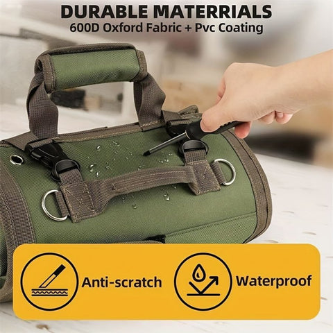 Khaki Multi-Purpose 600D Oxford Cloth Roll-Up Tool Organizer Bag – Heavy-Duty Waterproof & Anti-Scratch Organizer for Electricians, Mechanics & Automotive Use-Duty Oxford Fabric - Multi-Pocket Storage for Electricians, Mechanics & DIY Enthusiasts