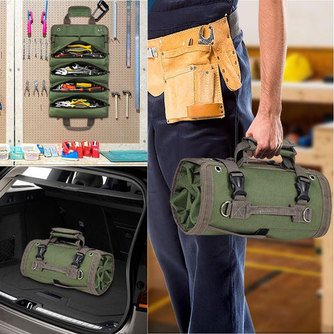 Khaki Multi-Purpose 600D Oxford Cloth Roll-Up Tool Organizer Bag – Heavy-Duty Waterproof & Anti-Scratch Organizer for Electricians, Mechanics & Automotive Use-Duty Oxford Fabric - Multi-Pocket Storage for Electricians, Mechanics & DIY Enthusiasts