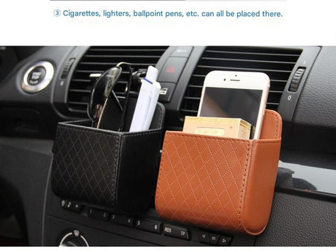 Black Leather Car Air Vent Storage Bag - Multi-Purpose Phone Holder & Organiser Pouch for Sunglasses, Keys, Cards - Universal Fit, Easy Install, Compact Design for Dashboard Tidy