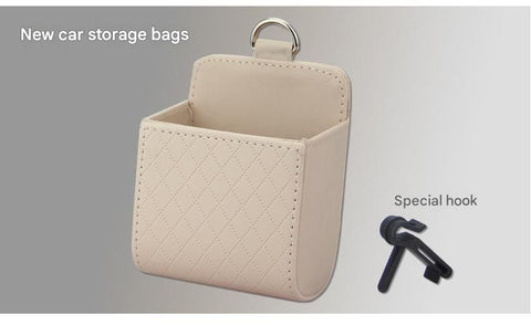 Beige Leather Car Air Vent Storage Bag - Multi-Purpose Phone Holder & Organiser Pouch for Sunglasses, Keys, Cards - Universal Fit, Easy Install, Compact Design for Dashboard Tidy