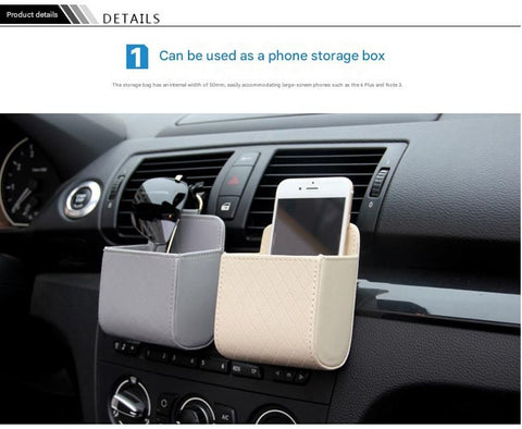 Beige Leather Car Air Vent Storage Bag - Multi-Purpose Phone Holder & Organiser Pouch for Sunglasses, Keys, Cards - Universal Fit, Easy Install, Compact Design for Dashboard Tidy