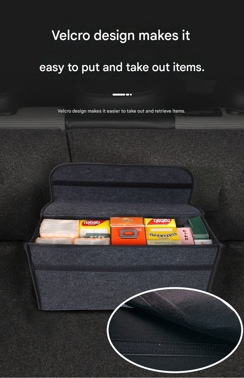 Dark gray Foldable Car Trunk Organizer - Durable Felt Storage Box with Magic Tape Closure, Portable Handle, Scratch Resistant, Space Saving Design for SUV, Sedan, Hatchback