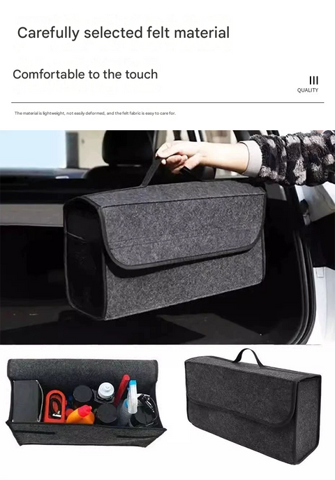 Black Foldable Car Trunk Organizer - Durable Felt Storage Box with Magic Tape Closure, Portable Handle, Scratch Resistant, Space Saving Design for SUV, Sedan, Hatchback