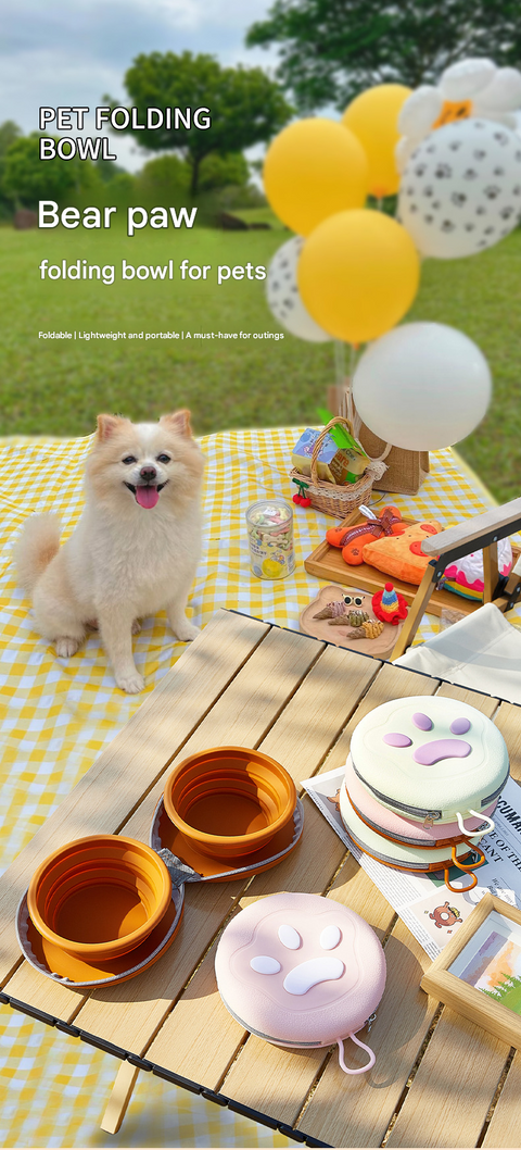 Light Yellow Portable Collapsible Silicone Pet Bowl - Food Grade Silicone - Dual Bowl Design, Adjustable Height, Lightweight & Compact, Bear Paw Pattern, for Dogs & Cats, Travel Friendly, Easy Clean
