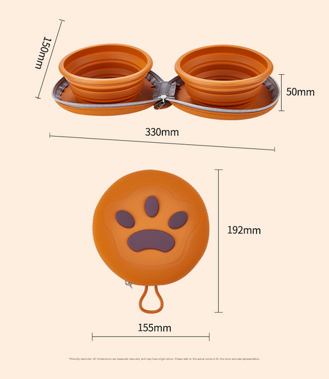 Light Yellow Portable Collapsible Silicone Pet Bowl - Food Grade Silicone - Dual Bowl Design, Adjustable Height, Lightweight & Compact, Bear Paw Pattern, for Dogs & Cats, Travel Friendly, Easy Clean