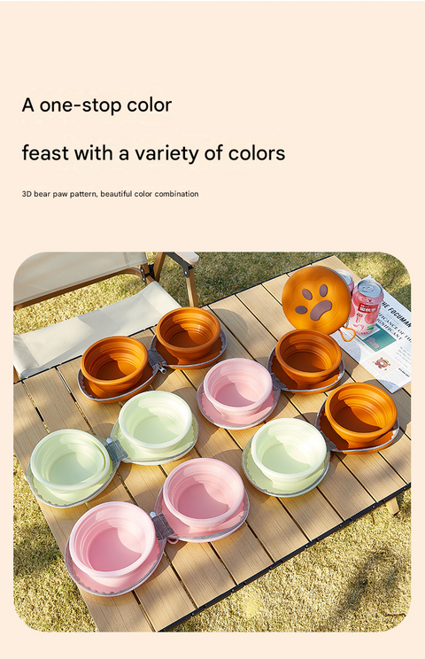 Pink Portable Collapsible Silicone Pet Bowl - Food Grade Silicone - Dual Bowl Design, Adjustable Height, Lightweight & Compact, Bear Paw Pattern, for Dogs & Cats, Travel Friendly, Easy Clean