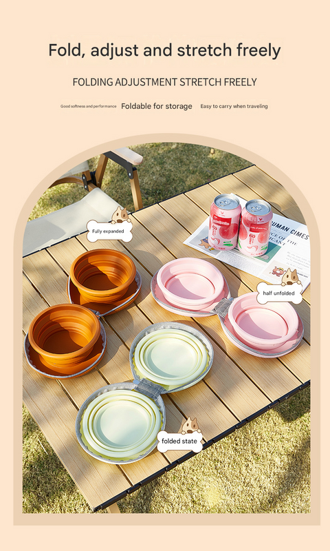 Brown and Yellow Portable Collapsible Silicone Pet Bowl - Food Grade Silicone - Dual Bowl Design, Adjustable Height, Lightweight & Compact, Bear Paw Pattern, for Dogs & Cats, Travel Friendly, Easy Clean