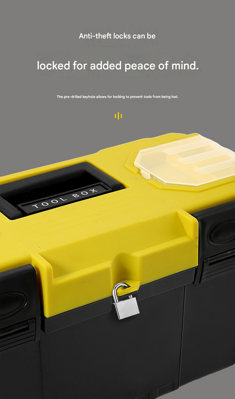 17-inch Yellow and Black Heavy Duty Plastic Toolbox - PP Material with ABS Latches - Lockable, Large Capacity, Double Layer, Organized Storage, for Home Repair, Automotive, Construction, Outdoor Use