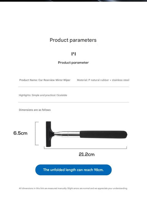 Black Telescopic Car Mirror Wiper - ABS & Stainless Steel - 98cm Extendable, Defog & Rain Removal, Compact Car Cleaning Tool, Universal Fit, Travel Friendly