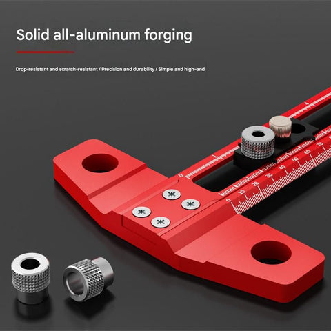 Red Multifunctional T-Square Ruler 0-400mm -  Aluminium Alloy with Laser Engraved Scale - Interchangeable Drill Bushings, 90 Degree Marking & Drilling Guide for Woodworking, DIY and Carpentry