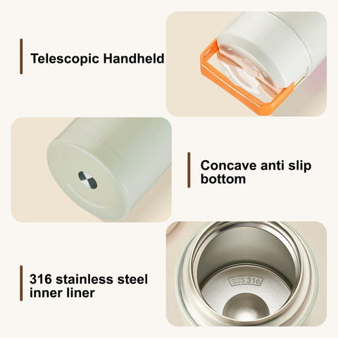 Brown 800ml Stainless Steel Thermal Stew Jar Portable Insulated Lunch Pot with Handle – Vacuum Insulated Soup Container(Foldable model)