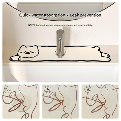2-Piece Faucet Draining Mat Set Absorbent Sink Splash Guard Quick Dry Counter Mat 10x61cm(Long-legged puppy)