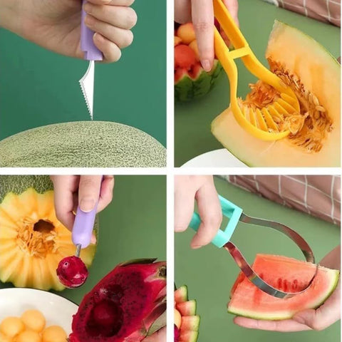 2-Piece Fruit Carving Tool Set Melon Baller Scoop Knife Stainless Steel(Yellow, blue and purple)