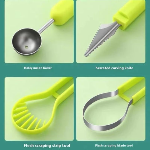 2-Piece Fruit Carving Tool Set Melon Baller Scoop Knife Stainless Steel(Green)