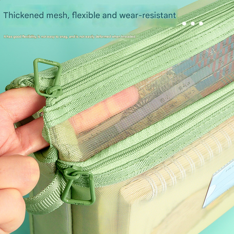 Morandi Green Double Layer Mesh File Bag with Handle Large Capacity Student Subject Organizer
