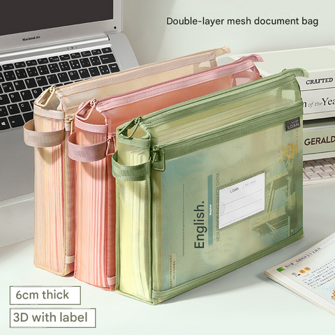 White Double Layer Mesh File Bag with Handle Large Capacity Student Subject Organizer