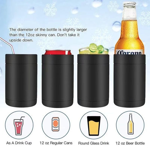 3-in-1 Beer Bottle Insulated Tumbler and Can Cooler with Bottle Opener – Double Wall Stainless Steel Soda Can Insulator & Holder for Car Outdoor Beverage Storage, 12oz Silver