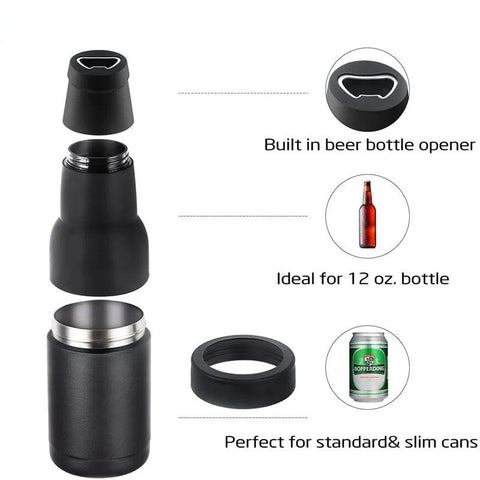 3-in-1 Beer Bottle Insulated Tumbler and Can Cooler with Bottle Opener – Double Wall Stainless Steel Soda Can Insulator & Holder for Car Outdoor Beverage Storage, 12oz White