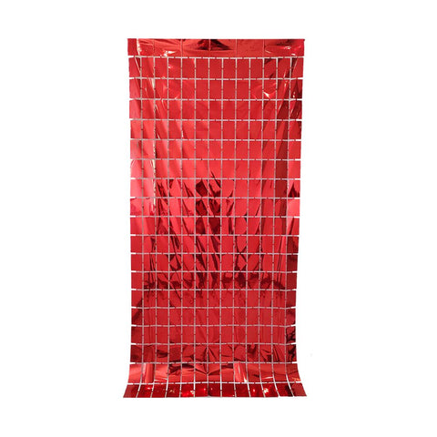 Red 3D Shimmer Foil Fringe Square Cube Curtain (2 PCS) – 1m x 2m Self-Adhesive Metallic Backdrop for Birthdays, Weddings, and Party Wall Decor