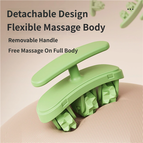 Green Multifunctional Ring Massage Roller with Detachable Handles - Dual Row 11 Wheel Manual Massager for Full Body Muscle Relief, 180 Degree Flexible Adjustable Width