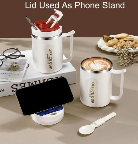 White and Brown 16oz Stainless Steel Office Mug with Phone Stand Lid, Straw and Spoon - 500ML Double Wall Insulated Coffee Cup, Wide Handle and 3 Drinking Ways