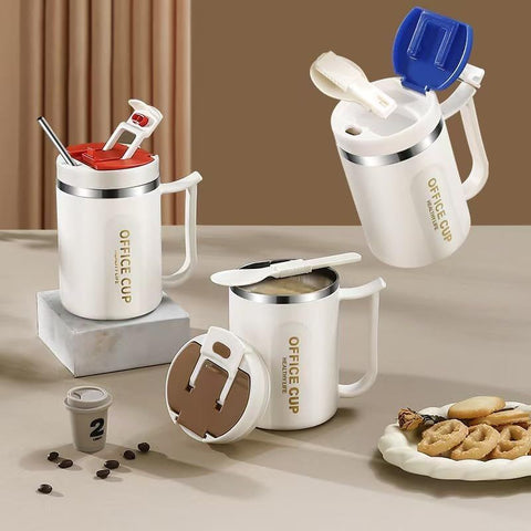 White and Brown 16oz Stainless Steel Office Mug with Phone Stand Lid, Straw and Spoon - 500ML Double Wall Insulated Coffee Cup, Wide Handle and 3 Drinking Ways