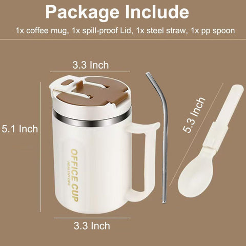 White and Red 16oz Stainless Steel Office Mug with Phone Stand Lid, Straw and Spoon - 500ML Double Wall Insulated Coffee Cup, Wide Handle and 3 Drinking Ways