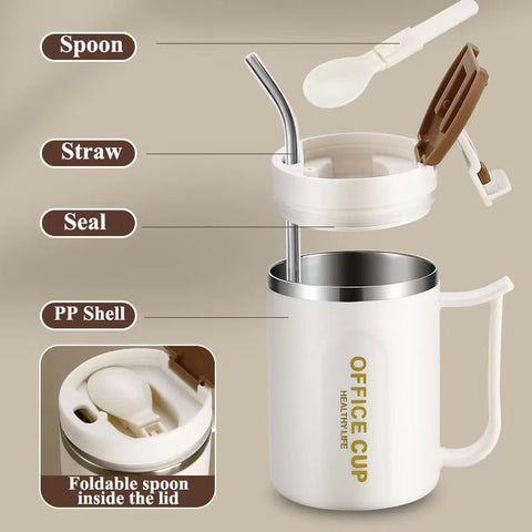 White and Grey 16oz Stainless Steel Office Mug with Phone Stand Lid, Straw and Spoon - 500ML Double Wall Insulated Coffee Cup, Wide Handle and 3 Drinking Ways