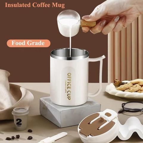 White and Grey 16oz Stainless Steel Office Mug with Phone Stand Lid, Straw and Spoon - 500ML Double Wall Insulated Coffee Cup, Wide Handle and 3 Drinking Ways
