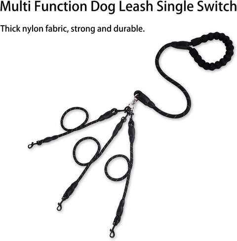 Black 3-in-1 No-Tangle Dog Leash for 1-3 Small Large Dogs – Heavy Duty 360° Swivel Bungee Coupler with Reflective Nylon Braid & Padded Handle