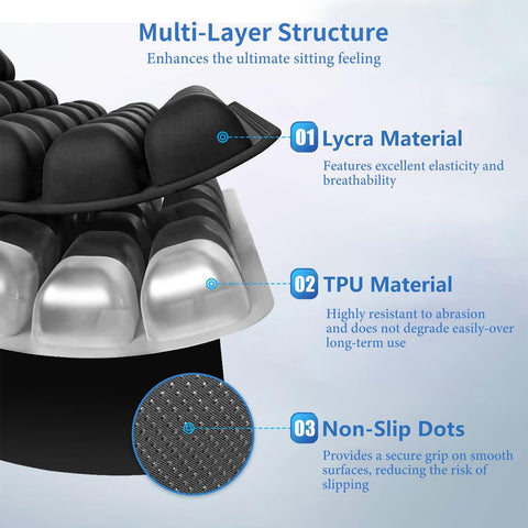 Dark Grey Portable 3D Aircell Travel Inflatable Seat Cushion with Built-in Pump – 36 Airbags Ergonomic Pressure Relief Pad with Lycra Cover & Non-Slip Base for Office Car Flight Long Sitting