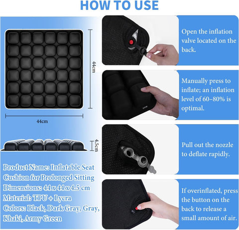 Bohemian Style Portable 3D Aircell Travel Inflatable Seat Cushion with Built-in Pump – 36 Airbags Ergonomic Pressure Relief Pad with Lycra Cover & Non-Slip Base for Office Car Flight Long Sitting
