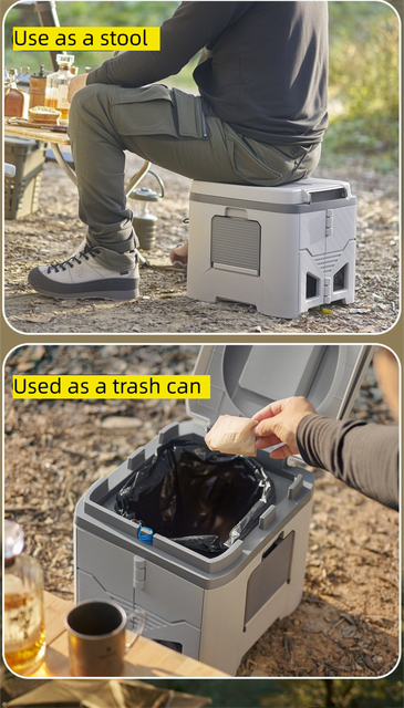 Portable Travel Toilet with Integrated Dual Storage Wings & Odor-Proof Lid – Ergonomic Reusable Foldable Commode with 12.7cm Folding Height for Car Travel & Outdoor Use (Black Grey)