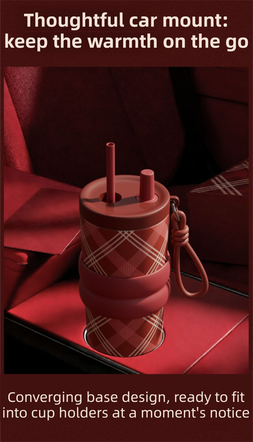 Black British Equestrian Plaid 710ML Insulated Travel Mug with Dual-Drink Lid, Straw & Straw Cap - Ceramic Liner Car Coffee Tumbler with Tea Water Separator Ball and Matching Protective Sleeve (Delux Gift Box)