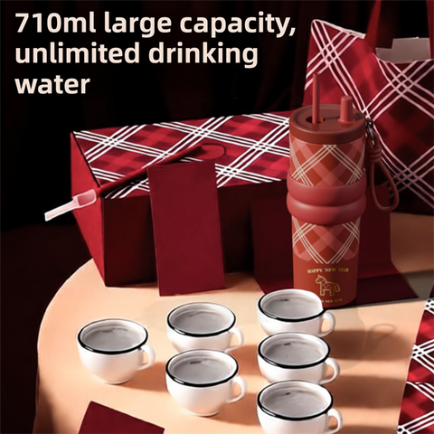 Black British Equestrian Plaid 710ML Insulated Travel Mug with Dual-Drink Lid, Straw & Straw Cap - 316 Stainless Steel Car Coffee Tumbler with Tea Water Separator Ball and Matching Protective Sleeve (Delux Gift Box)