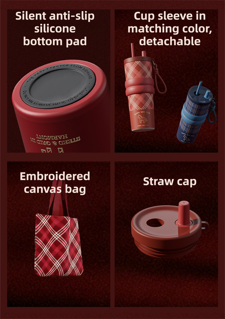 Red British Equestrian Plaid 710ML Insulated Travel Mug with Dual-Drink Lid, Straw & Straw Cap - 316 Stainless Steel Car Coffee Tumbler with Tea Water Separator Ball and Matching Protective Sleeve (Delux Gift Box)