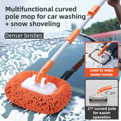 Orange 21° Curved Car Wash Mop and Snow Scraper with 180° Rotating Detachable Pole & 2 x Extra Large Microfiber Brush Cover – 2 Section Telescopic (58–101.5 CM) Aluminum Alloy Cleaning Brush for Vehicle and Home Care