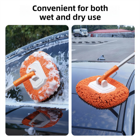 Orange 21° Curved Car Wash Mop and Snow Scraper with 180°Rotating Detachable Pole & 2 x Extra Large Microfiber Brush Cover – 3 Section Telescopic (58–118 CM) Aluminum Alloy Cleaning Brush for Vehicle and Home Care
