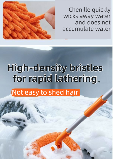 Orange 21° Curved Car Wash Mop and Snow Scraper with 180°Rotating Detachable Pole & 2 x Extra Large Microfiber Brush Cover – 3 Section Telescopic (58–118 CM) Aluminum Alloy Cleaning Brush for Vehicle and Home Care