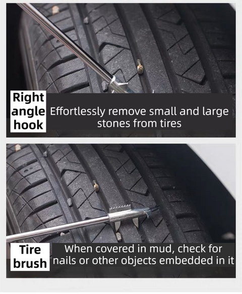 Multifunctional Car Tire Stone Remover Hook with Storage Bag, Zinc Alloy 4-Head Pick & Tire Brush – 28cm Stainless Steel Cleaning Tool Built-In Screwdriver and Emergency Window Breaker