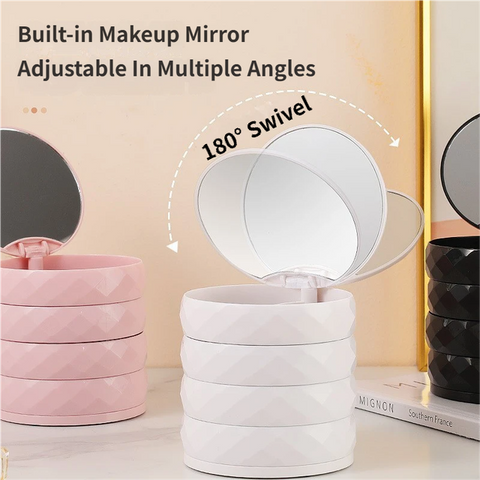 2-Pack 4-Tier Rotating Jewelry Organizer Box with Adjustable Mirror & Diamond Cut Design – Compact 360° Swivel Earring Stud Necklace Storage Box for Vanity Countertop, 10 x 10cm, Pink