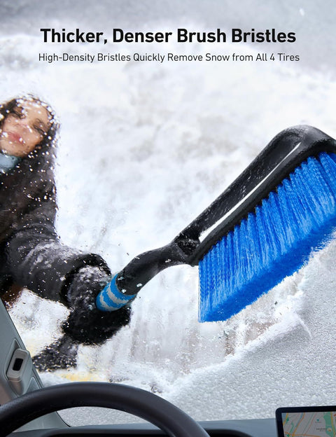 27" Car Snow Brush and Ice Scraper – 2-in-1 Detachable Car Windshield Winter Clearing Tool with Soft Foam Grip & Paint-Safe Scraping Chutes for Cars, Trucks, SUVs (Heavy Duty ABS, Thickened Nylon Brush, Blue)