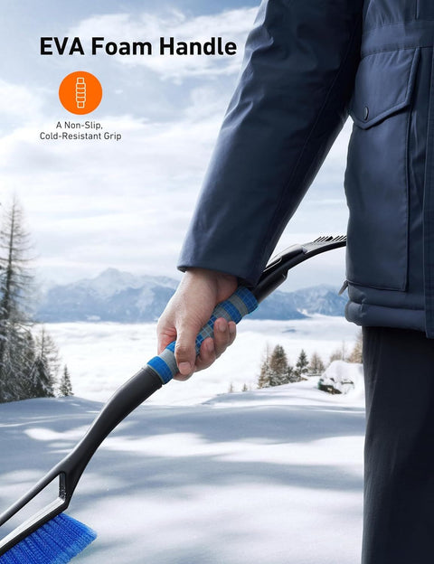 27" Car Snow Brush and Ice Scraper – 2-in-1 Detachable Car Windshield Winter Clearing Tool with Soft Foam Grip & Paint-Safe Scraping Chutes for Cars, Trucks, SUVs (Heavy Duty ABS, Thickened Nylon Brush, Blue)