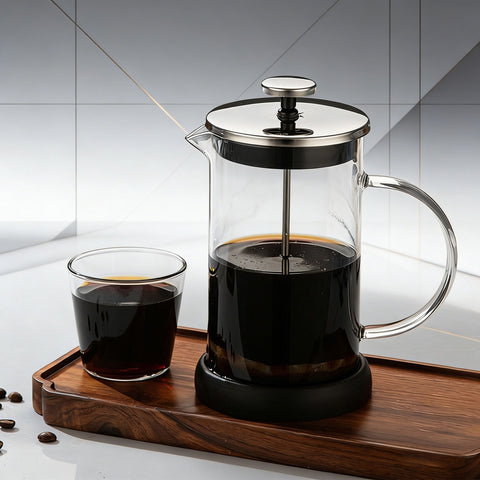 1000ML Premium Dual-Layer Borosilicate Glass French Press Coffee Maker with 304 Stainless Steel Lid – High-Density 3D Filter Mesh Cafetiere, Manual Milk Frother and Tea Infuser Pot