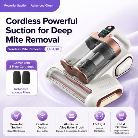 White and Gold Wireless UV Mattress Vacuum Cleaner and Handheld Mite Removal Vacuum - Portable Bed Cleaner with 8KPA Strong Suction, Ultrasonic & UV Light Sterilization, 520ML Large Dual Dust Cup, HEPA Filter and LED Display