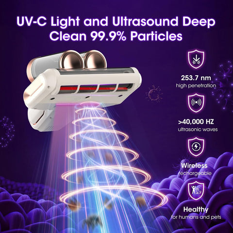 White and Gold Wireless UV Mattress Vacuum Cleaner and Handheld Mite Removal Vacuum - Portable Bed Cleaner with 8KPA Strong Suction, Ultrasonic & UV Light Sterilization, 520ML Large Dual Dust Cup, HEPA Filter and LED Display