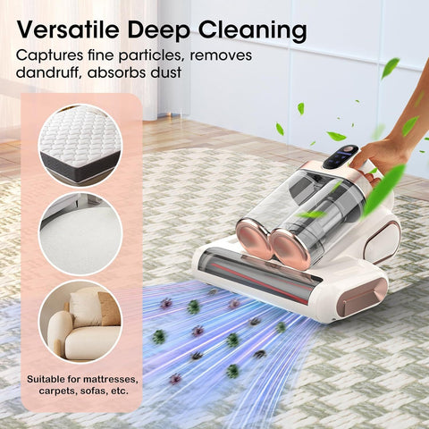 White and Gold Wireless UV Mattress Vacuum Cleaner and Handheld Mite Removal Vacuum - Portable Bed Cleaner with 8KPA Strong Suction, Ultrasonic & UV Light Sterilization, 520ML Large Dual Dust Cup, HEPA Filter and LED Display