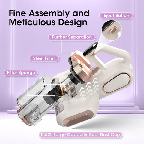 White and Gold Wireless UV Mattress Vacuum Cleaner and Handheld Mite Removal Vacuum - Portable Bed Cleaner with 8KPA Strong Suction, Ultrasonic & UV Light Sterilization, 520ML Large Dual Dust Cup, HEPA Filter and LED Display
